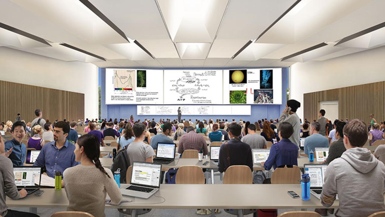 Students in lecture hall with projected presentation